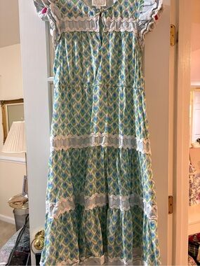 Sail to Sable Blue and Green Heart-Print Midi Dress